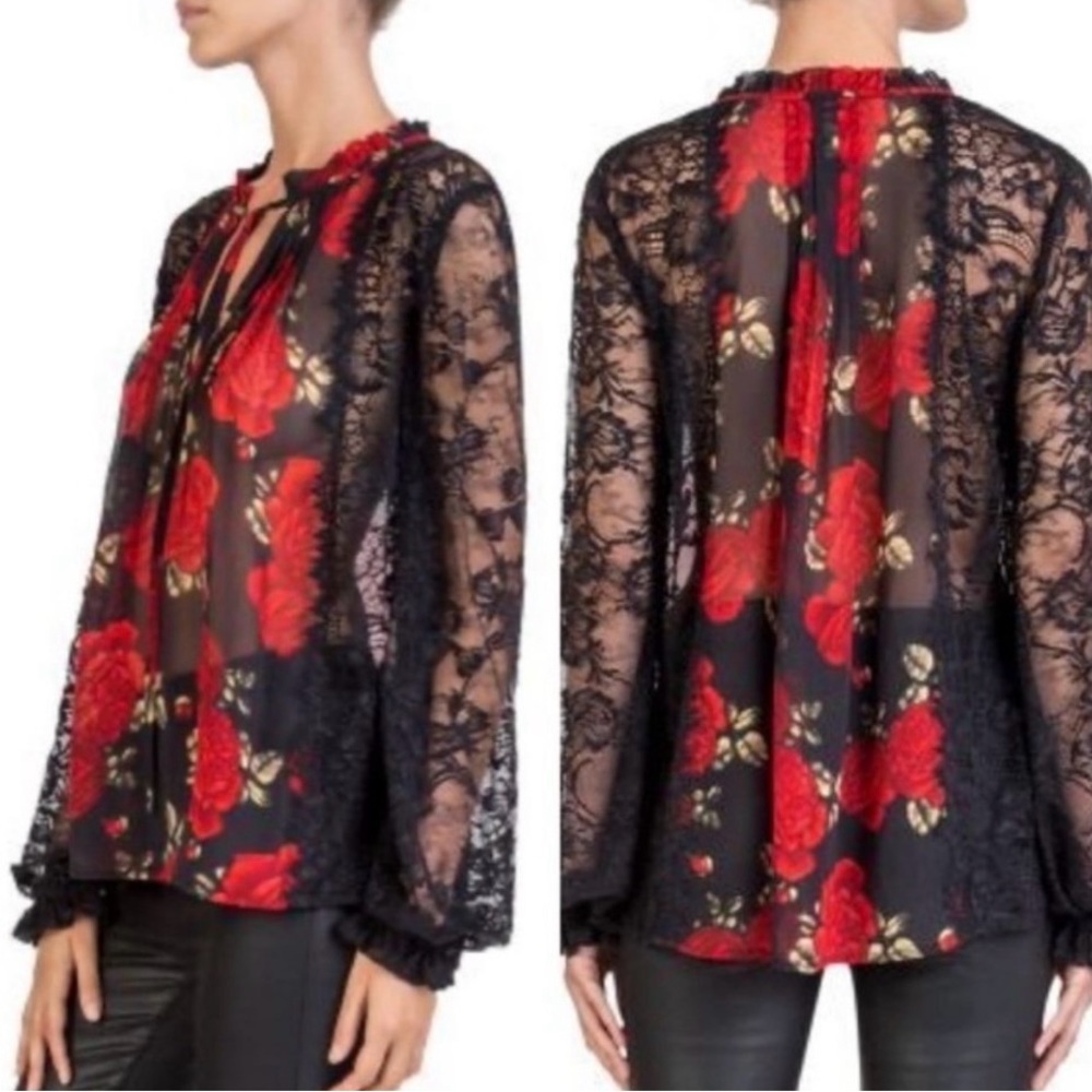The Kooples Sleeping Roses Floral lace Silk Long Sleeve Blouse